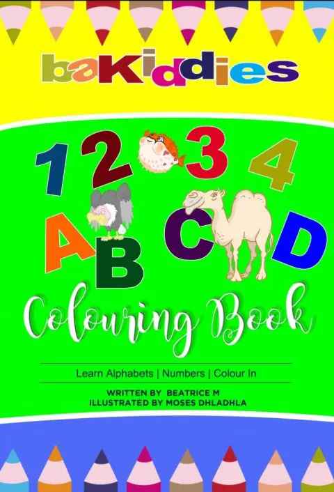 Bright Bakiddies numbers and alphabet colouring book cover